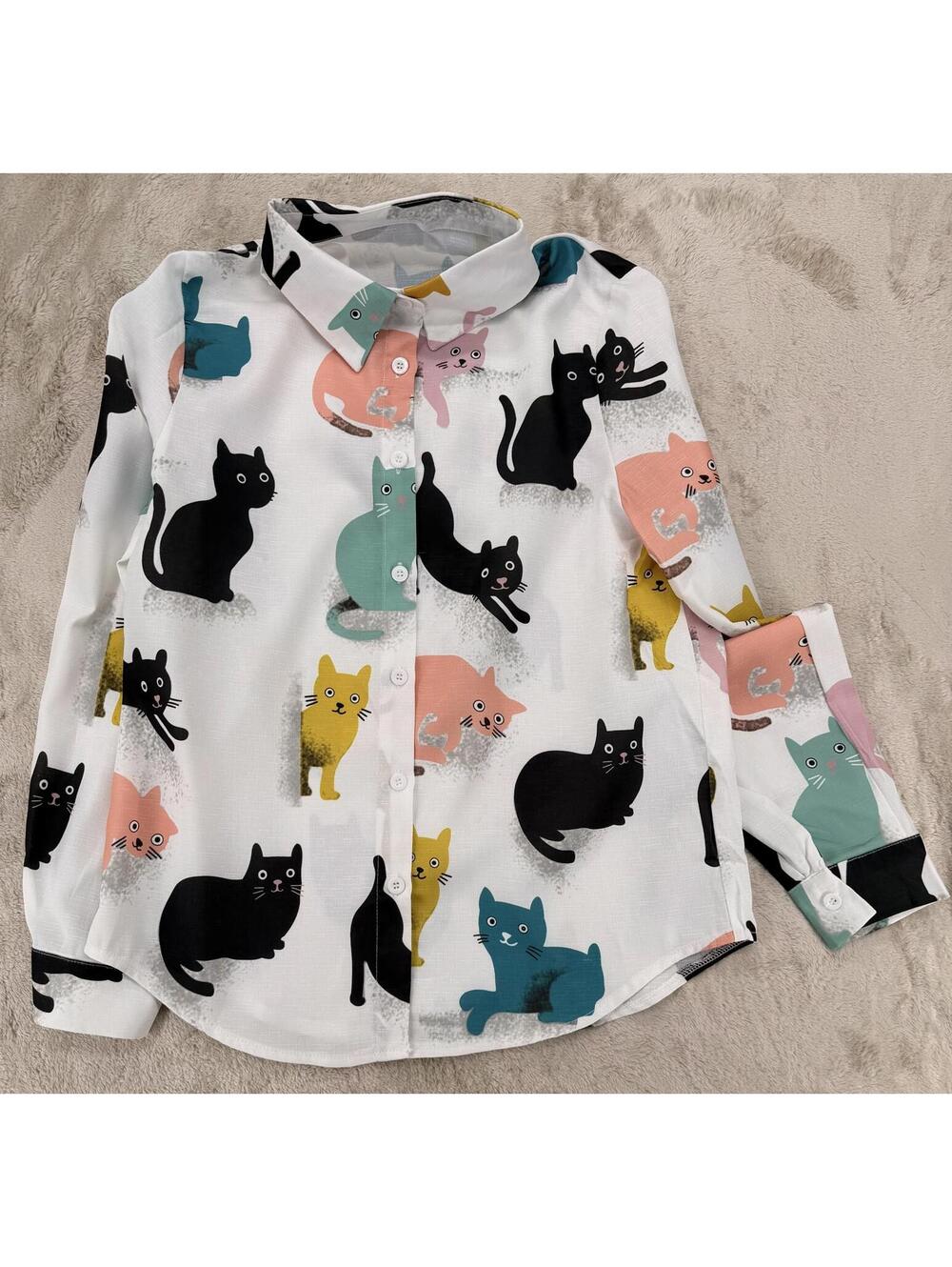 Retro Cat‎ Print Button-Up Shirt Relaxed Fit Medium Polyester